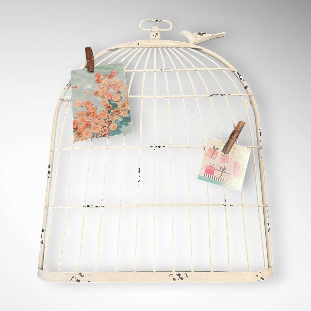 White Distressed Metal Decorative Birdcage Photo/Memo Holder Wall Decor